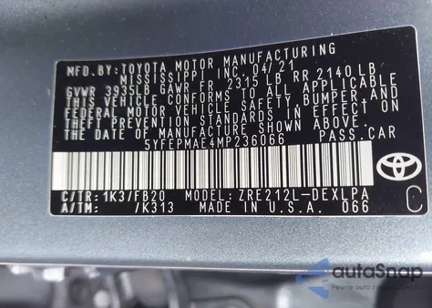 2021 Toyota Corolla Le из США, поврежденный, VIN 5YFEPMAE4MP236066